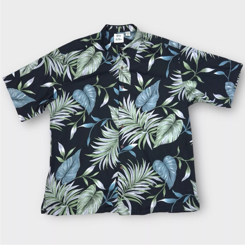 Pau Hana Button Up Hawaiian Shirt Mens Size 2XL XXL Short Sleeve Black Leaves